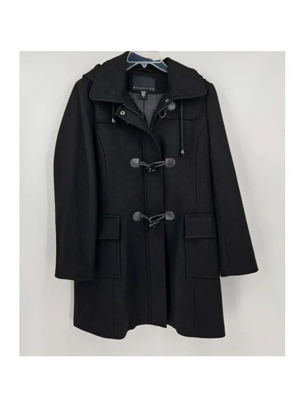 Attention Women’s L Black Wool Blend Hooded Toggle Duffle Coat